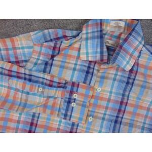 Peter Millar Shirt Mens Medium Blue Orange Plaid Long Sleeve Button Down Cotton